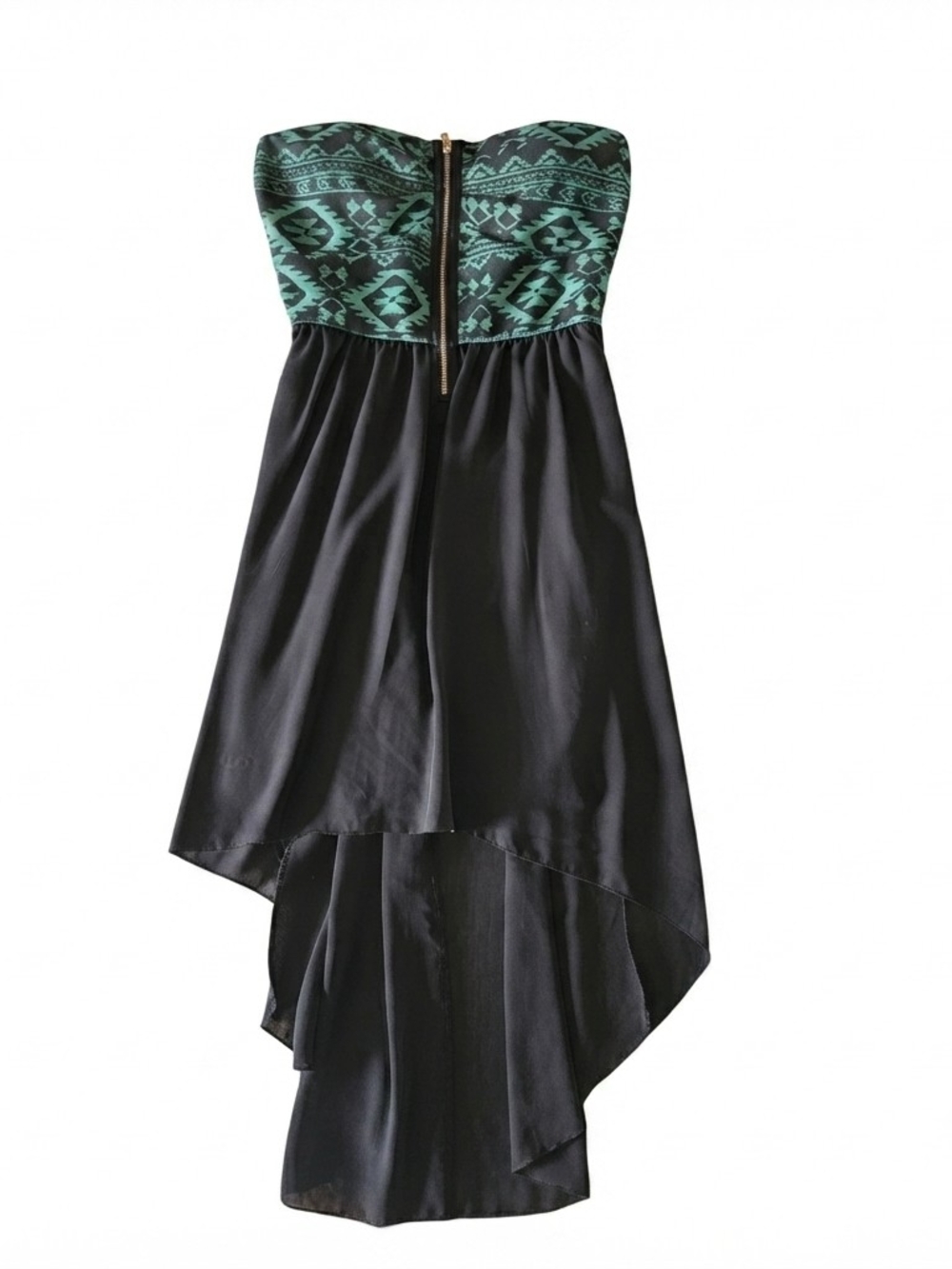 Boho Strapless High-Low Dress with Teal Aztec Print